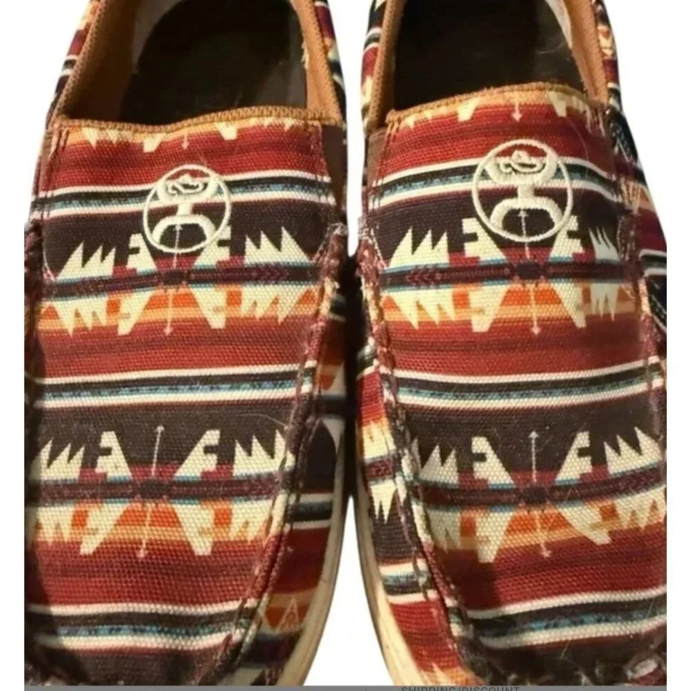 Mens Slip-On Shoes With Aztec Print Canvas & Suede Accents Size 10